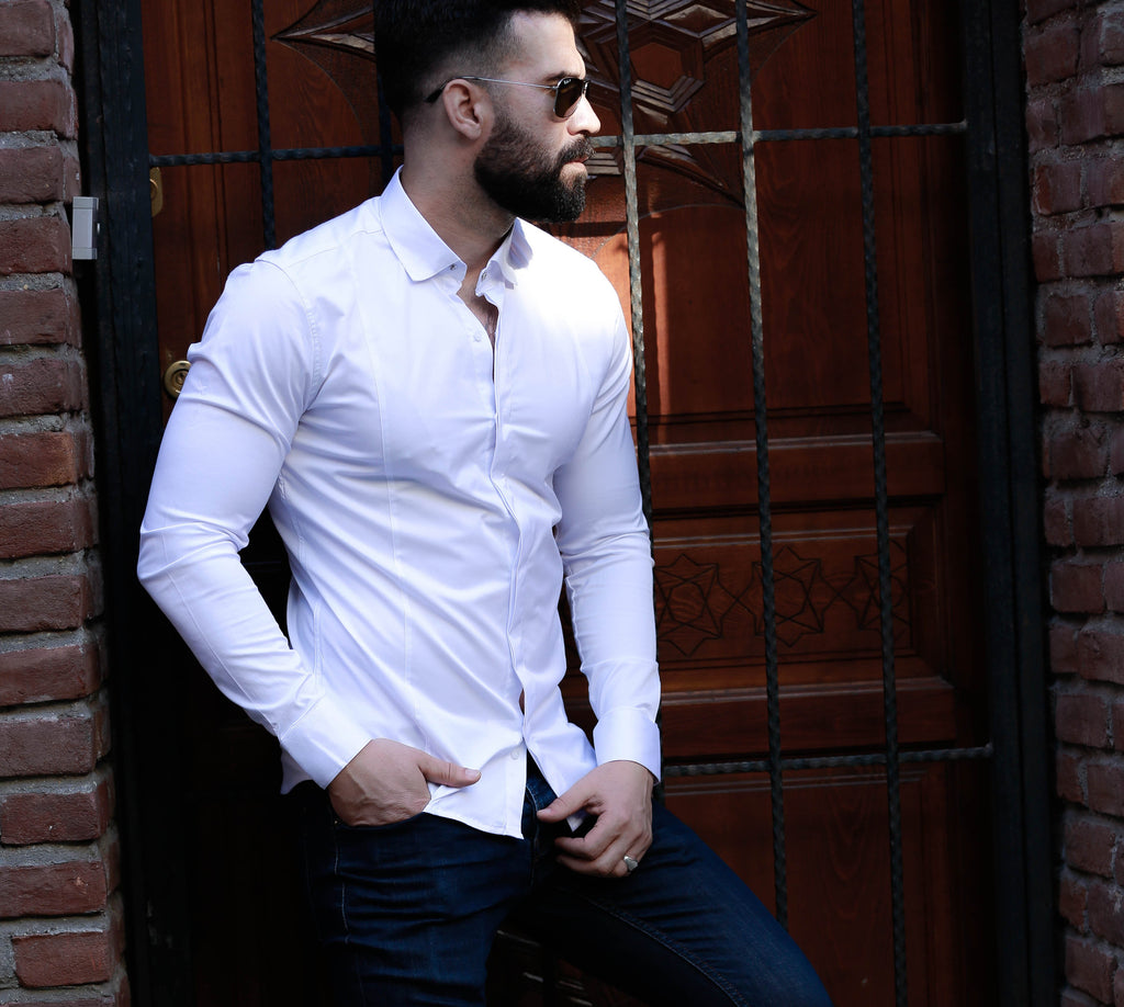 Biała koszula męska satynowa slim fit elegancka 95% bawełna M-2XL