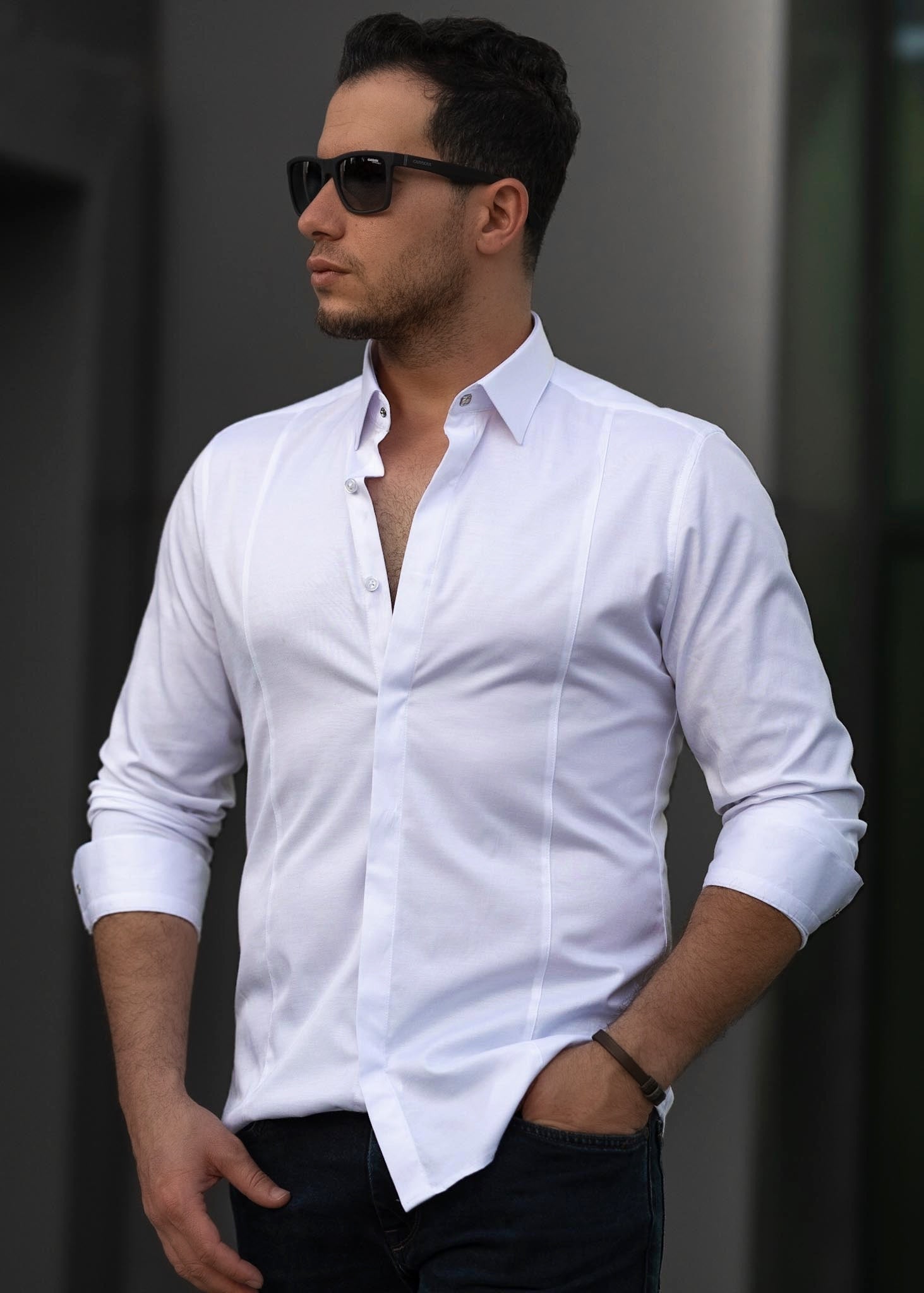 Biała koszula męska satynowa slim fit elegancka 95% bawełna M-2XL