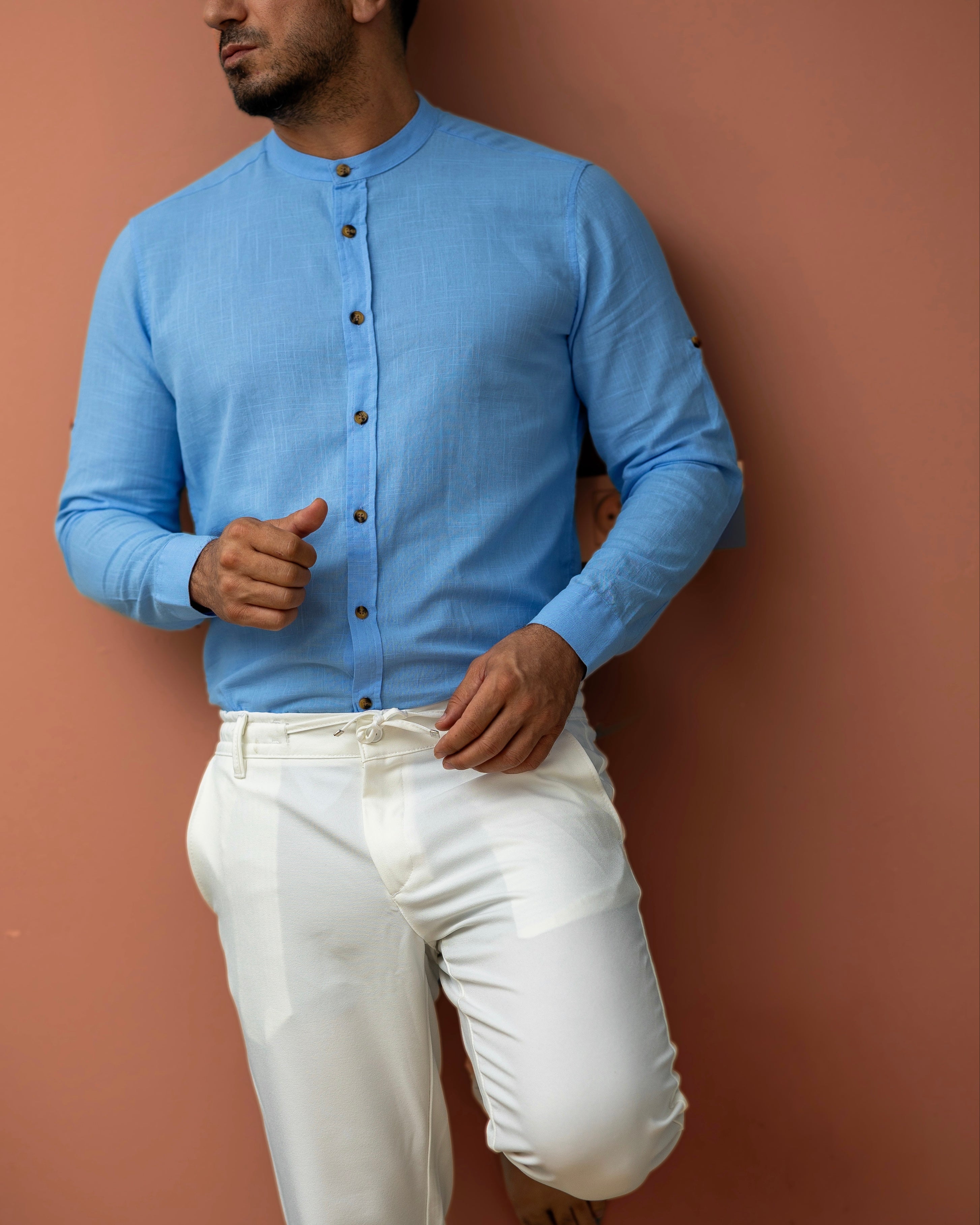Koszula Męska Lniana Błękitna Slim Fit – Klasyczny Kołnierzyk, Letnia M–2XL