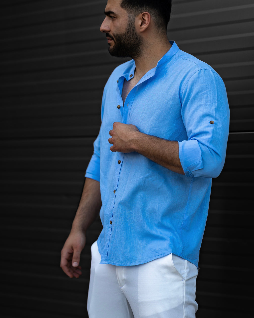Koszula Męska Lniana Błękitna Slim Fit – Klasyczny Kołnierzyk, Letnia M–2XL