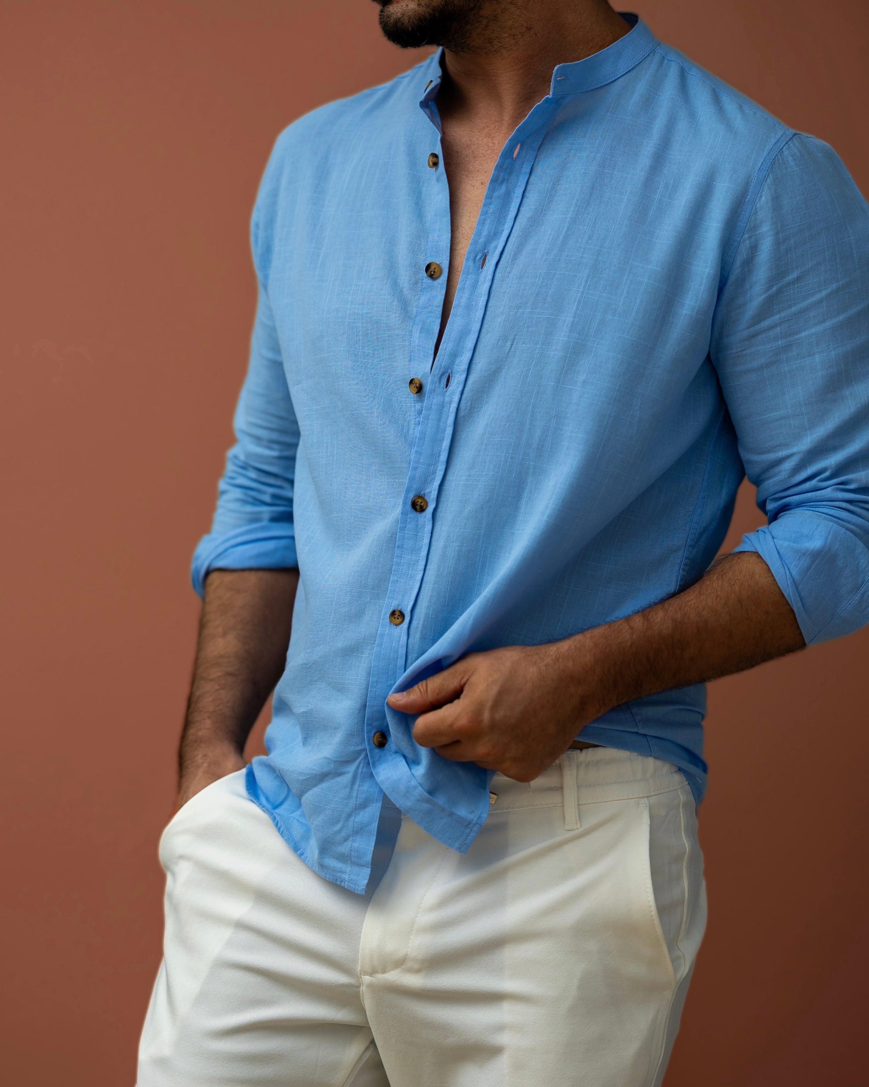 Koszula Męska Lniana Błękitna Slim Fit – Klasyczny Kołnierzyk, Letnia M–2XL