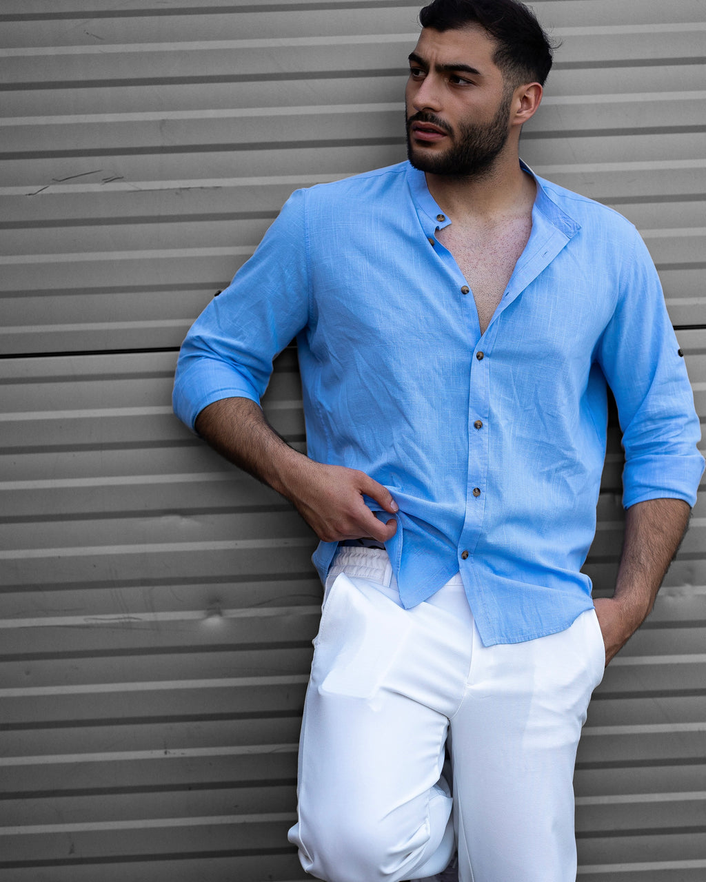 Koszula Męska Lniana Błękitna Slim Fit – Klasyczny Kołnierzyk, Letnia M–2XL