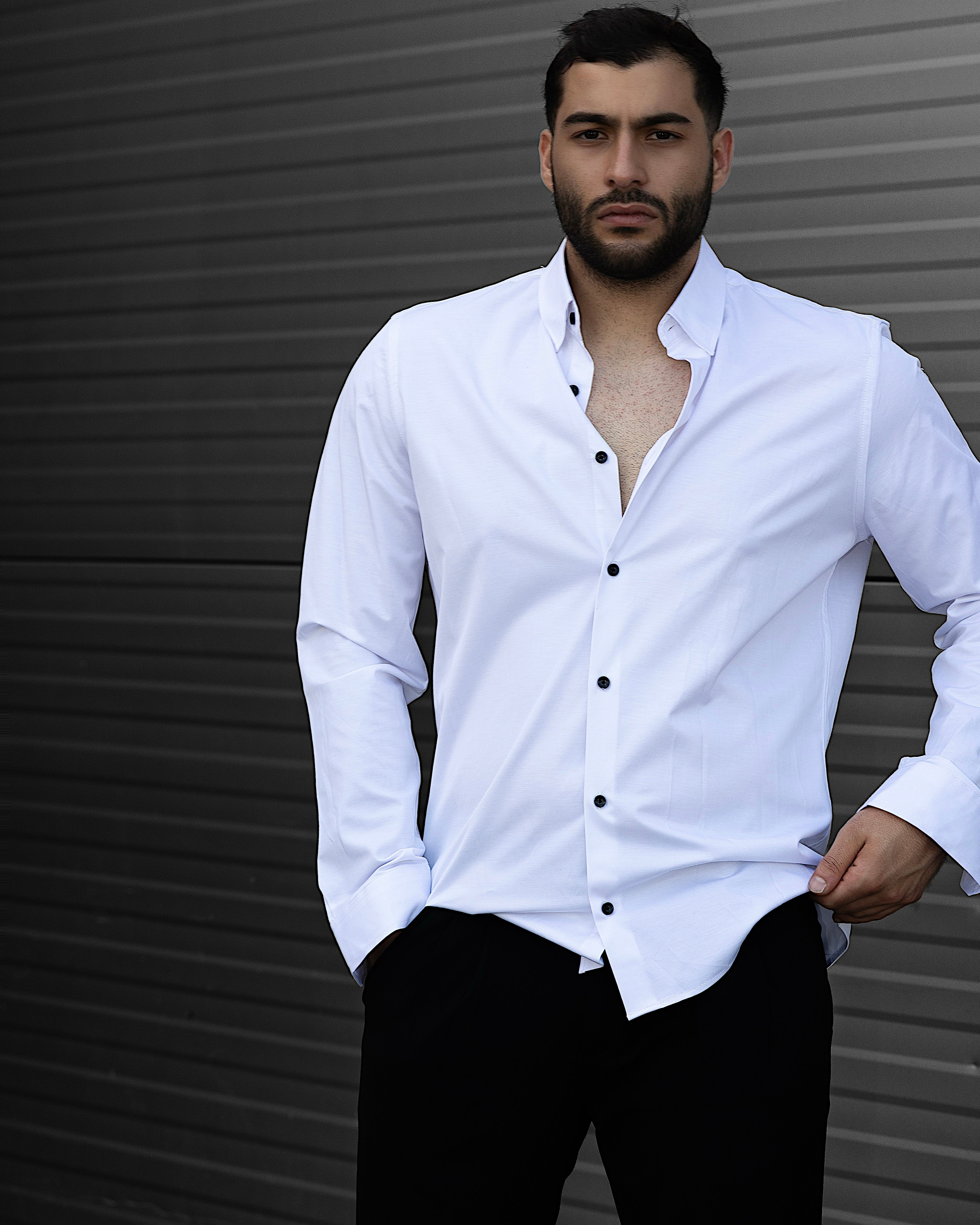 Koszula Męska Satynowa Slim Biała Optyczna Guziki 95% Bawełna 5% Elastan S–3XL