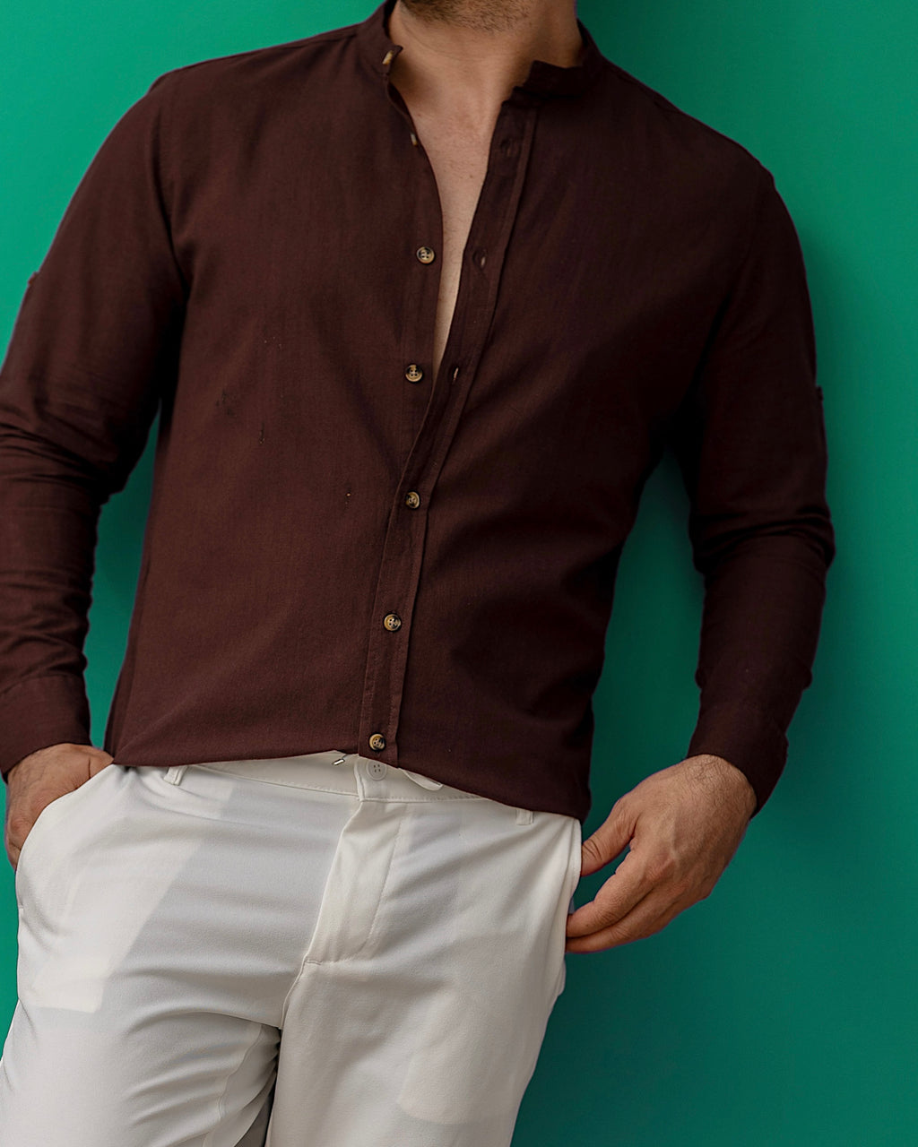 Brązowa męska koszula lniana ze stójką – M-2XL
