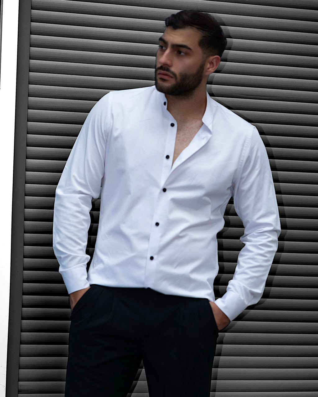 Koszula Męska Satynowa Slim Ze Stójką Biała Optyczna Guziki 95% Bawełna 5% Elastan S–3XL
