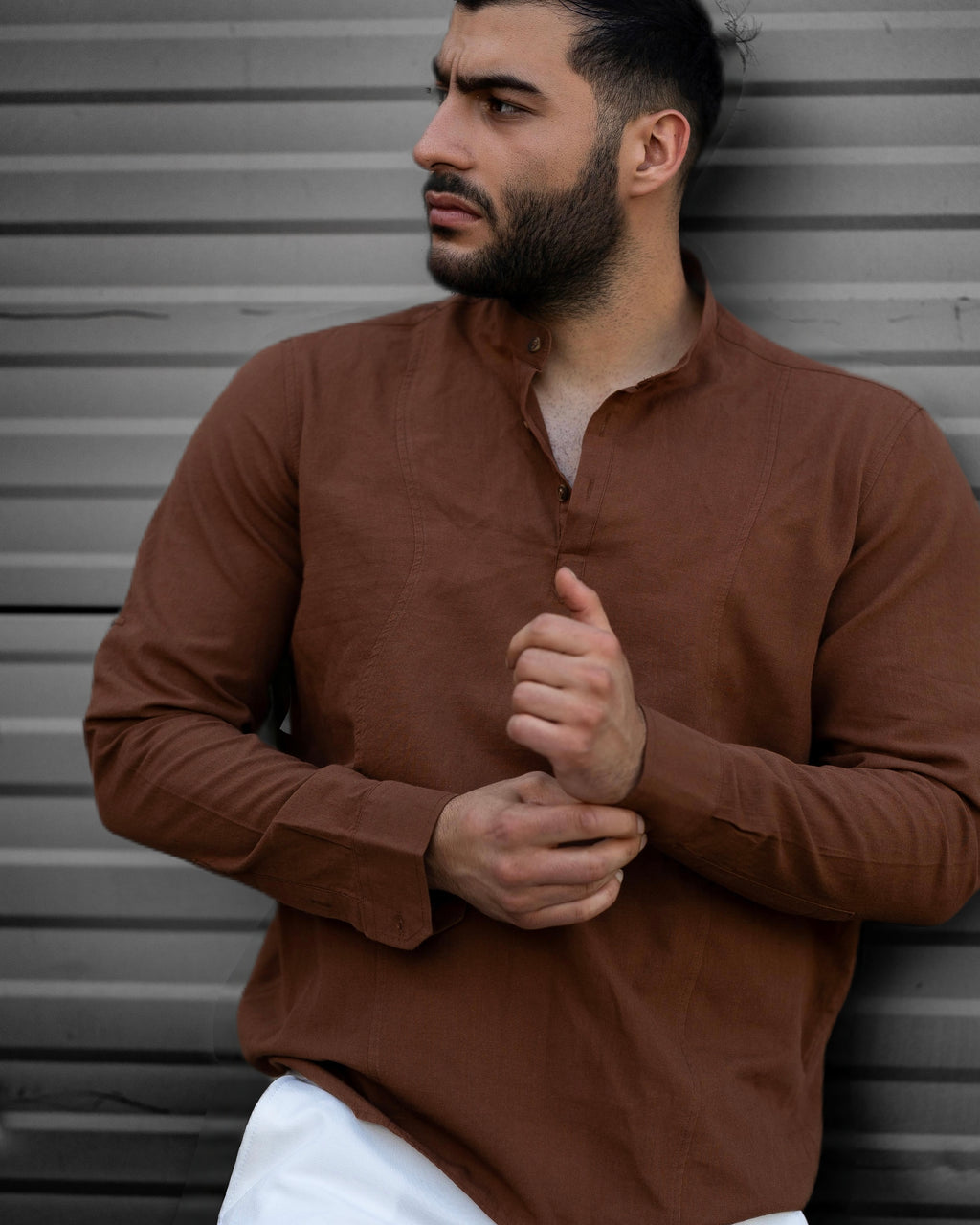 Koszula Męska Lniana Brązowa Slim Fit Ze Stójką – Letnia, Przewiewna M–2XL