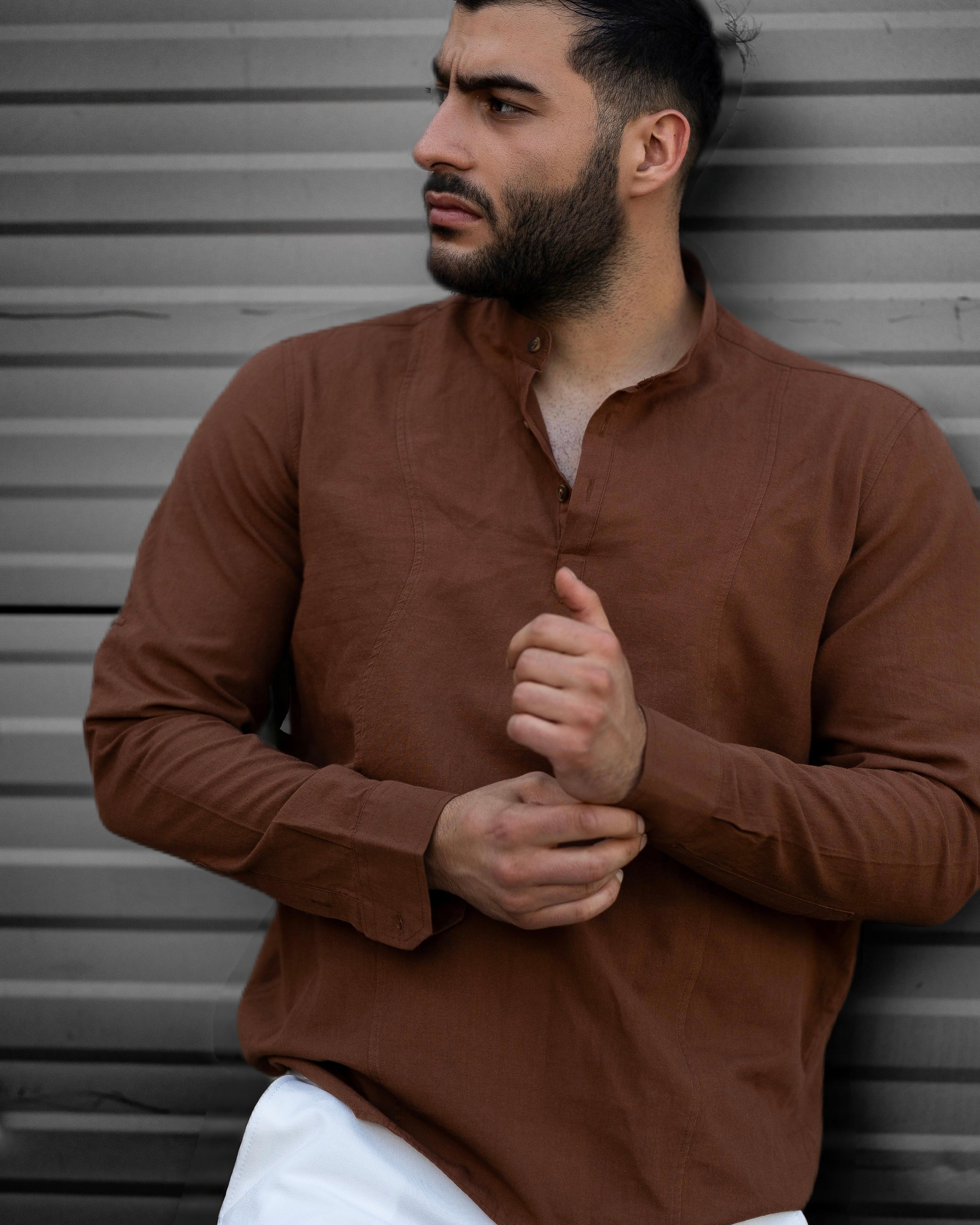 Koszula Męska Lniana Brązowa Slim Fit Ze Stójką – Letnia, Przewiewna M–2XL