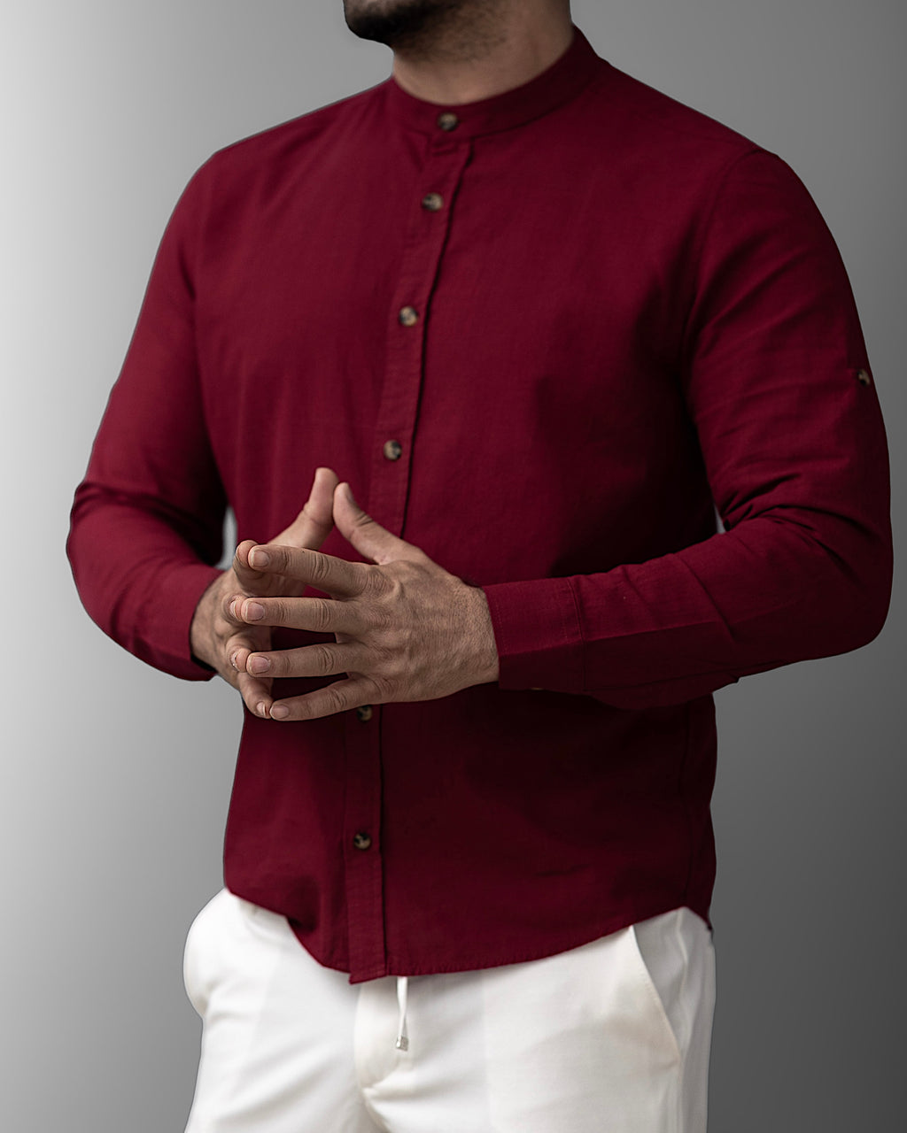 Bordowa męska koszula lniana ze stójką – M-2XL