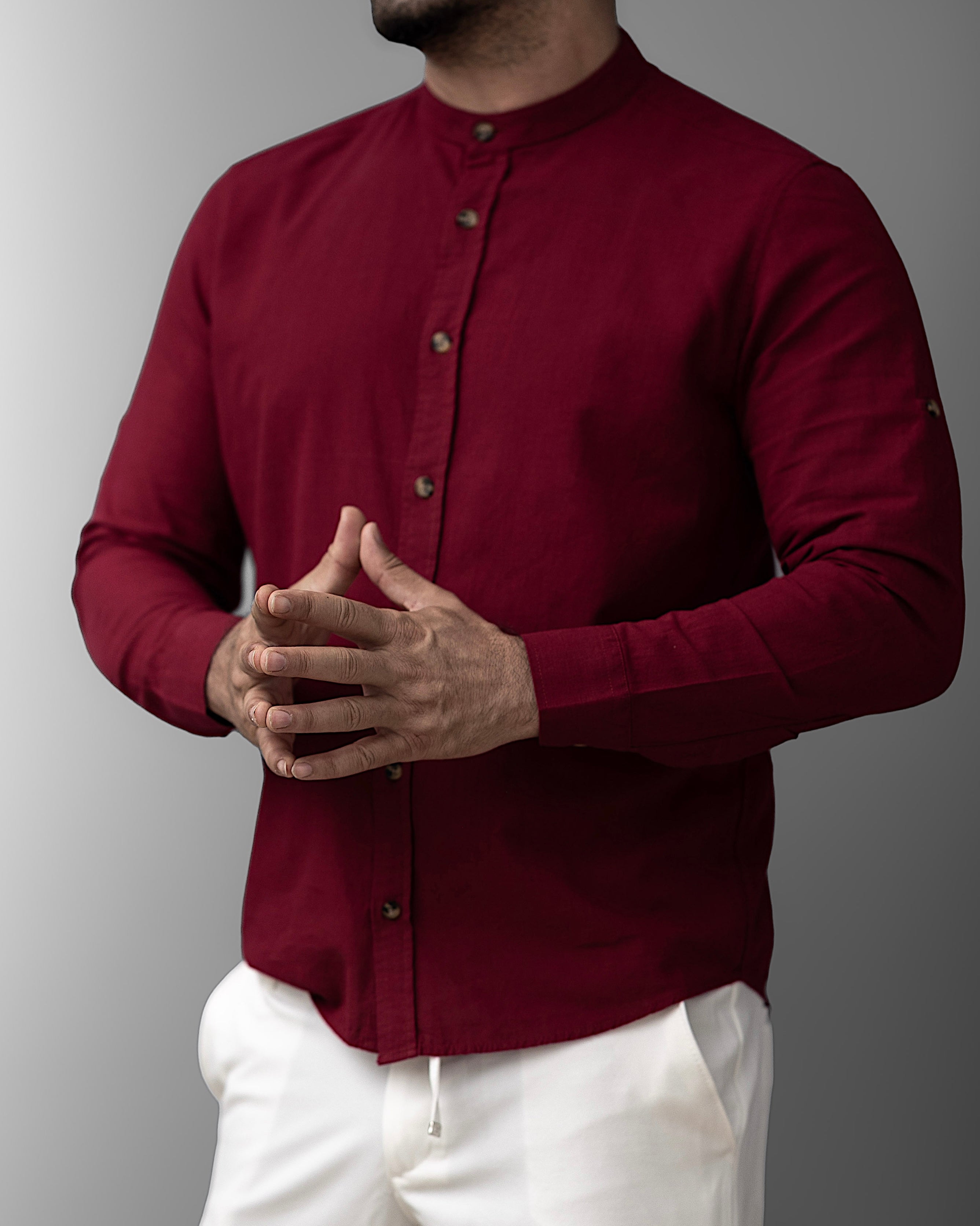 Bordowa męska koszula lniana ze stójką – M-2XL