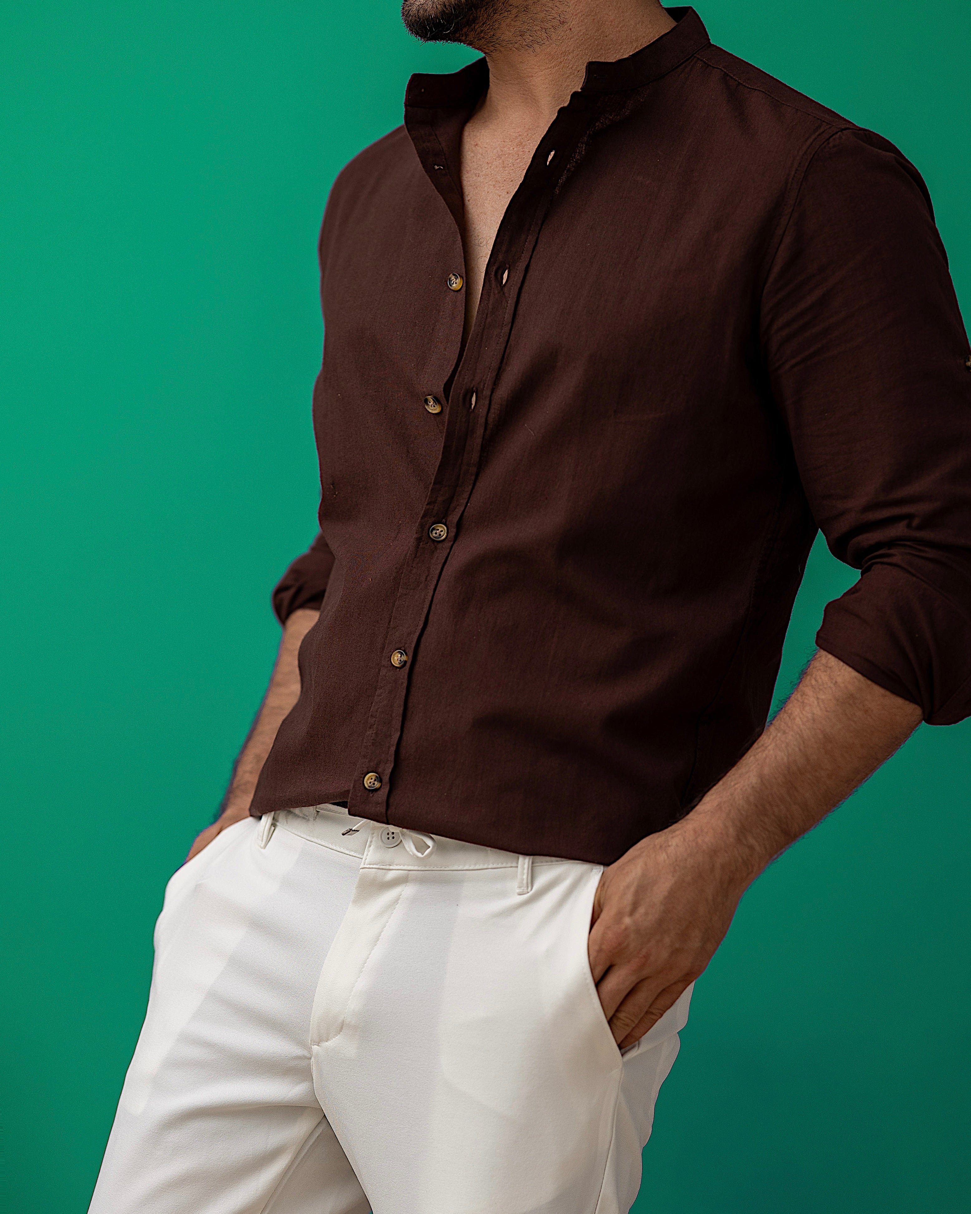 Brązowa męska koszula lniana ze stójką – M-2XL