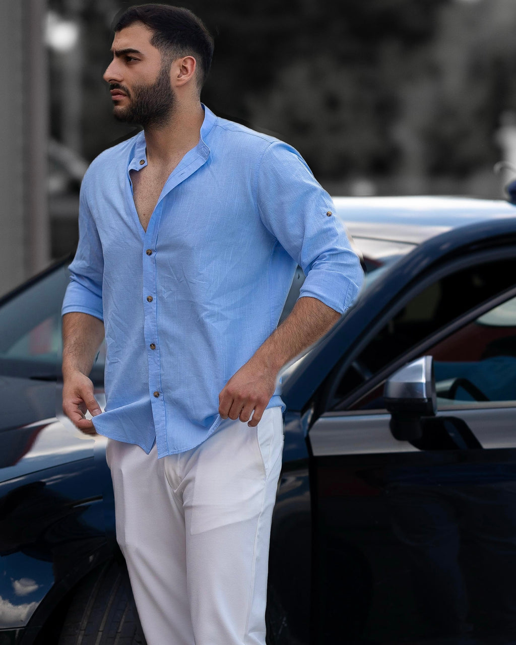 Koszula Męska Lniana Błękitna Slim Fit – Klasyczny Kołnierzyk, Letnia M–2XL