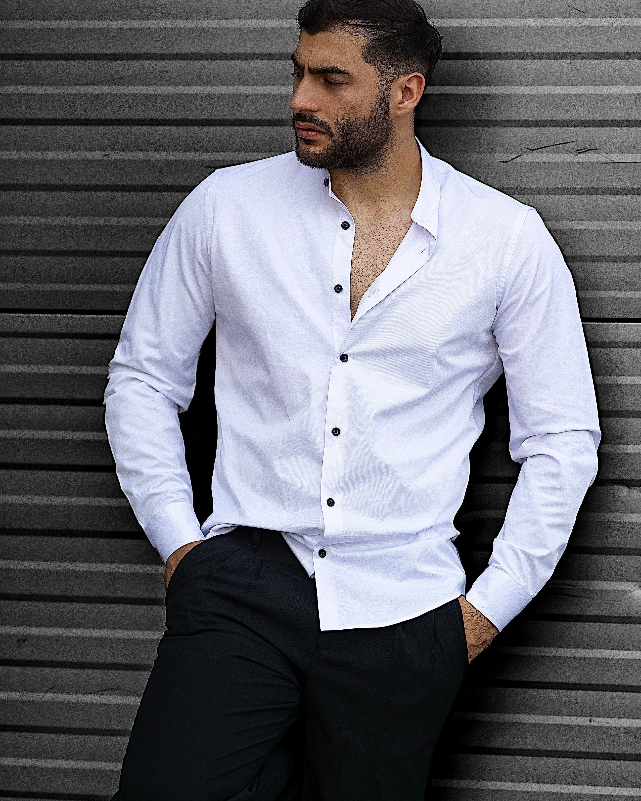 Koszula Męska Satynowa Slim Ze Stójką Biała Optyczna Guziki 95% Bawełna 5% Elastan S–3XL