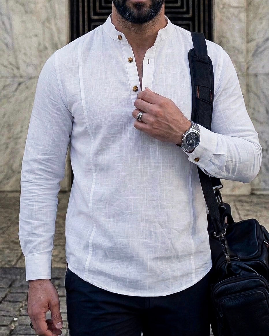 Koszula męska lniana flamowana biała długi rękaw slim fit M-2XL