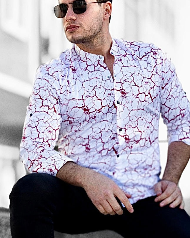 Koszula Męska w Kropki M–3XL Slim Fit 95% Bawełna 5% Elastan Biała Bordowa