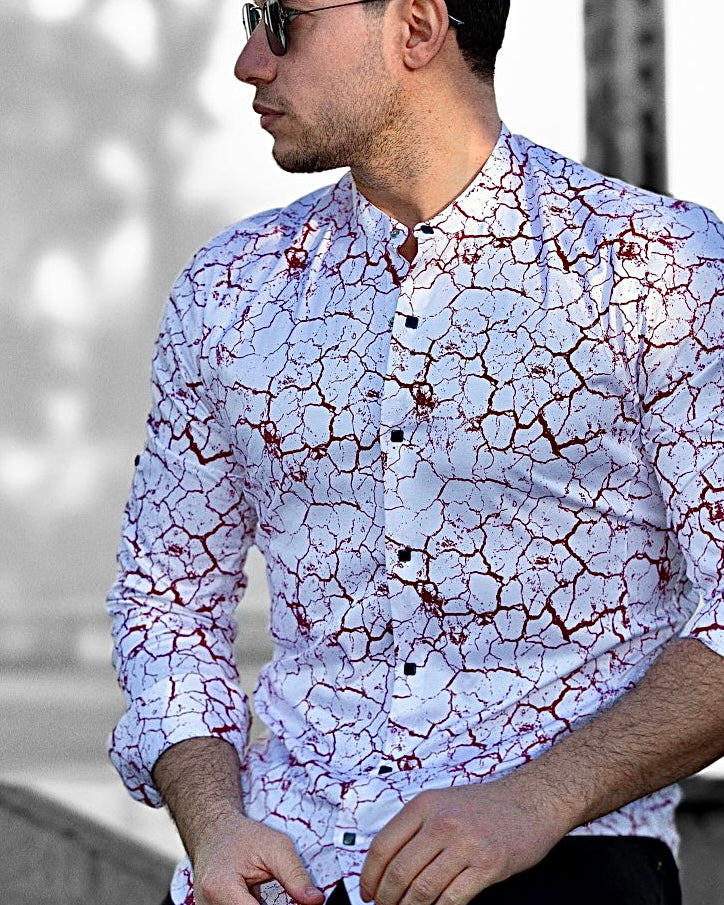Koszula Męska w Kropki M–3XL Slim Fit 95% Bawełna 5% Elastan Biała Bordowa