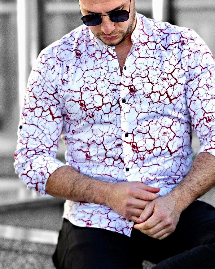 Koszula Męska w Kropki M–3XL Slim Fit 95% Bawełna 5% Elastan Biała Bordowa