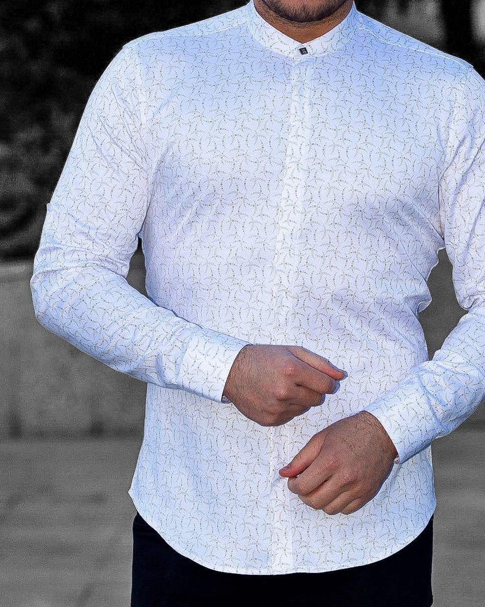 Koszula Męska Biała w Delikatny Wzór M–3XL Slim Fit 95% Bawełna 5% Elastan