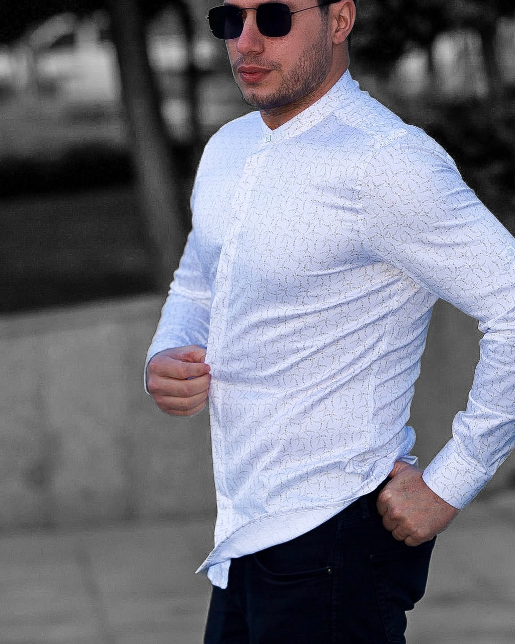 Koszula Męska Biała w Delikatny Wzór M–3XL Slim Fit 95% Bawełna 5% Elastan