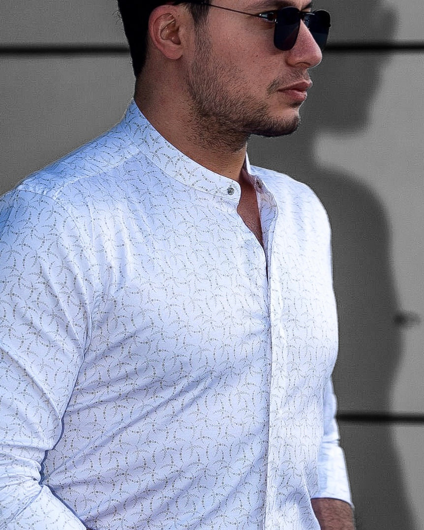 Koszula Męska Biała w Delikatny Wzór M–3XL Slim Fit 95% Bawełna 5% Elastan