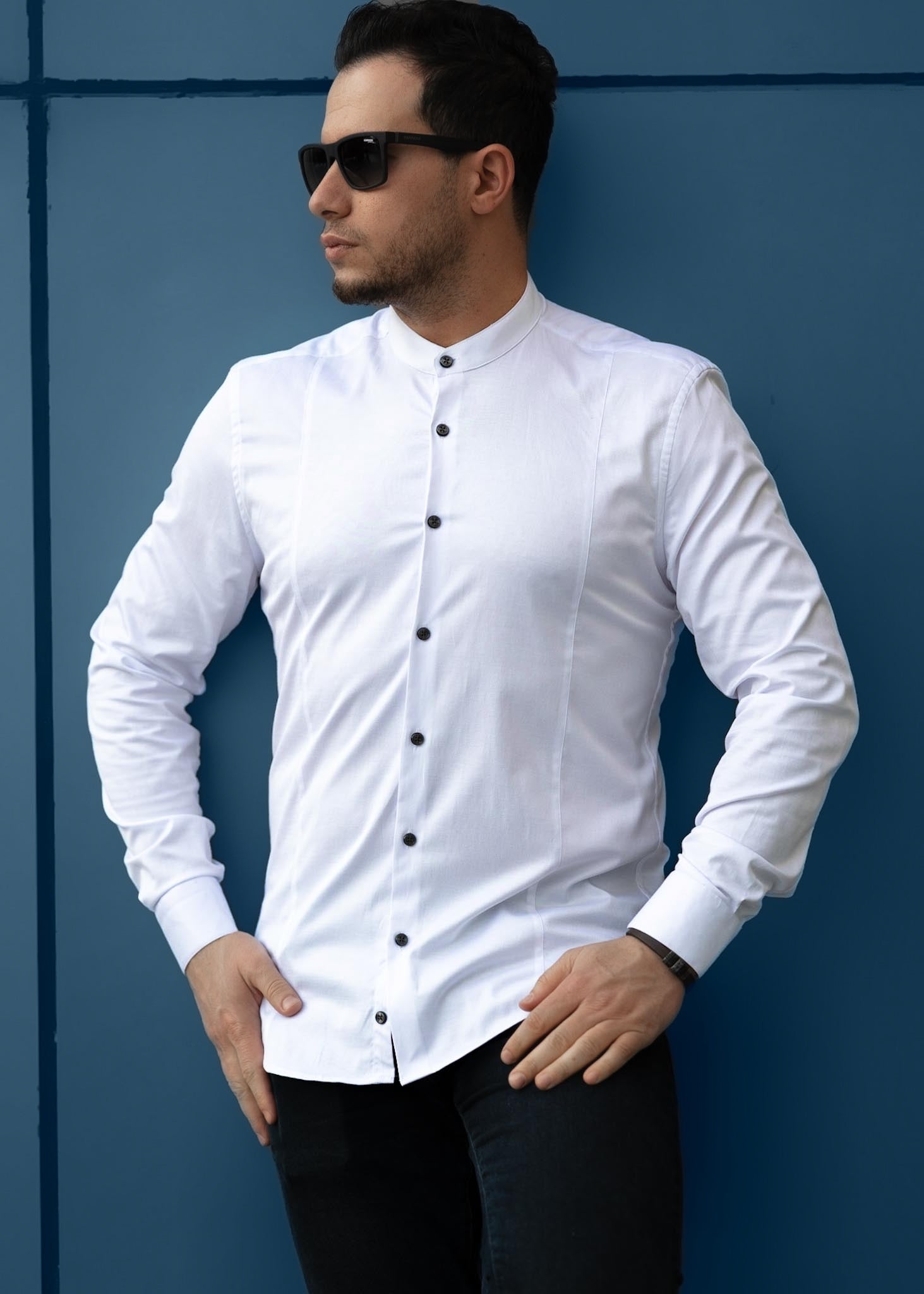 Biała koszula męska ze stójką slim fit 95% bawełna 5% lycra S-2XL pakiet 5 szt.