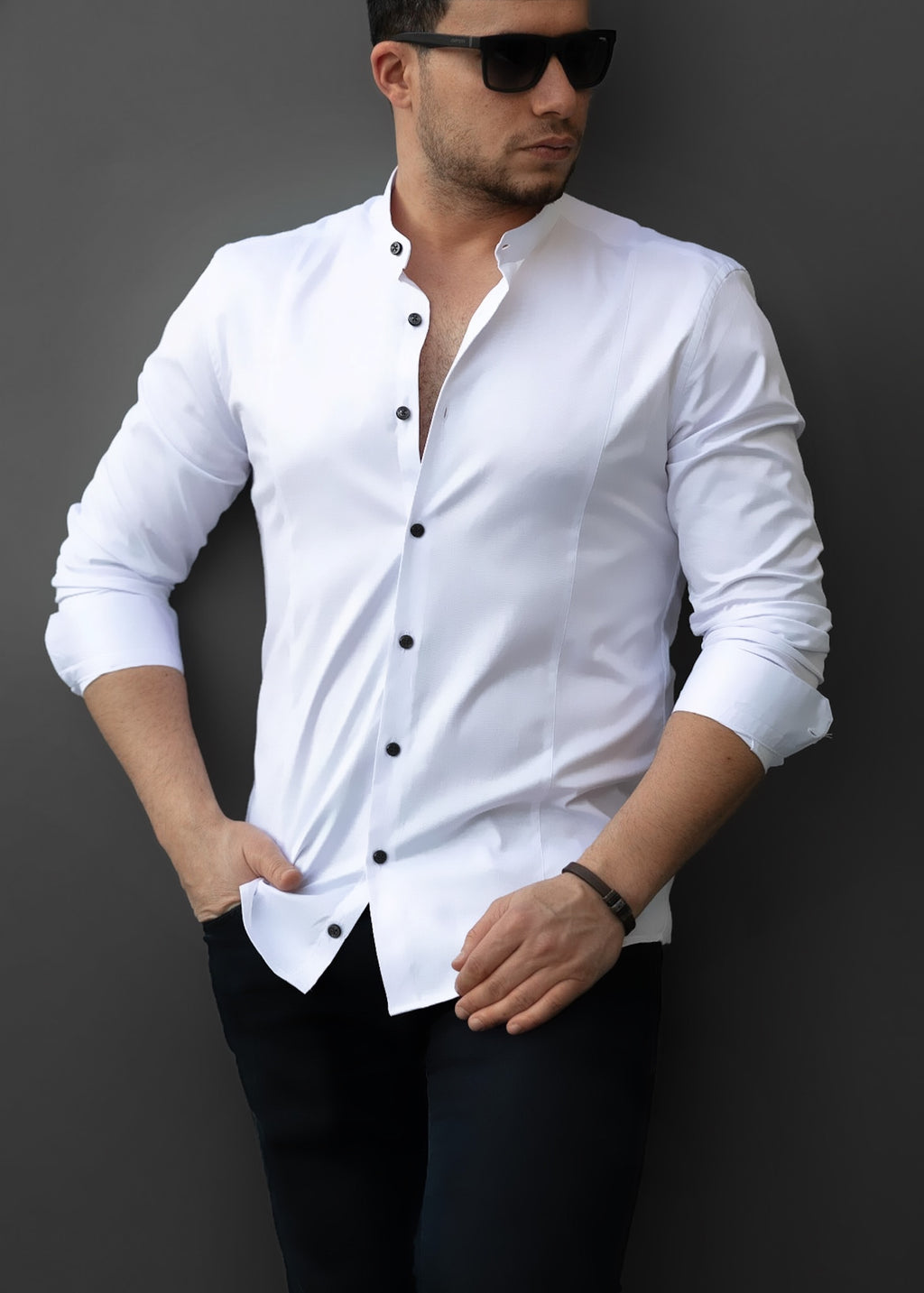 Biała koszula męska ze stójką slim fit 95% bawełna 5% lycra S-2XL pakiet 5 szt.