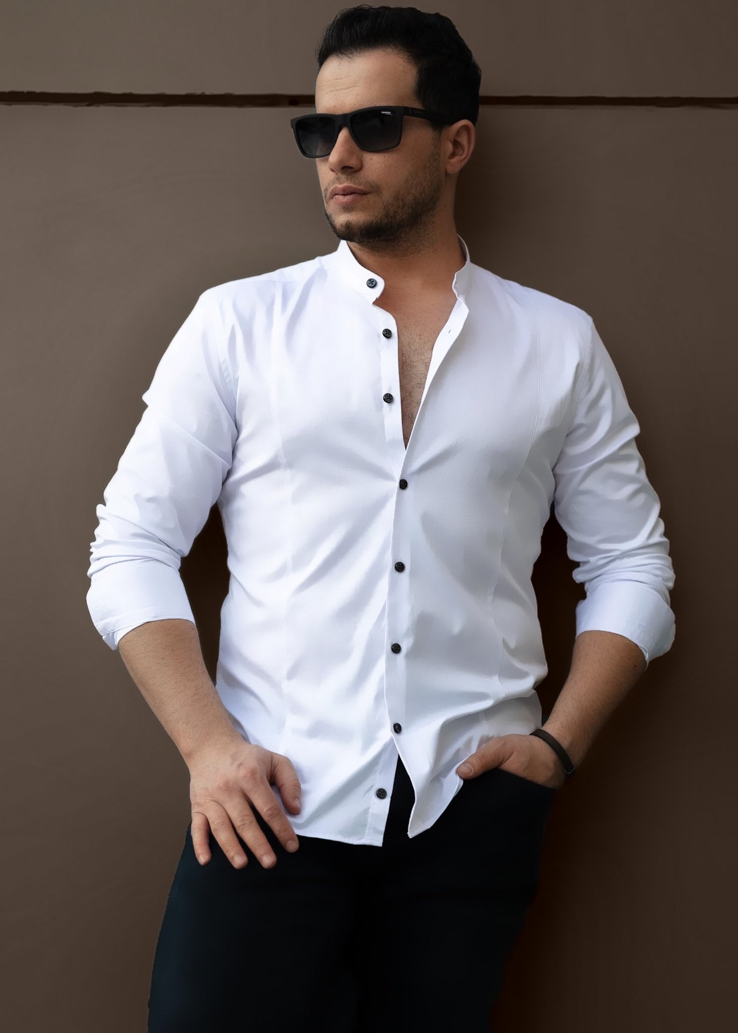 Biała koszula męska ze stójką slim fit 95% bawełna 5% lycra S-2XL pakiet 5 szt.