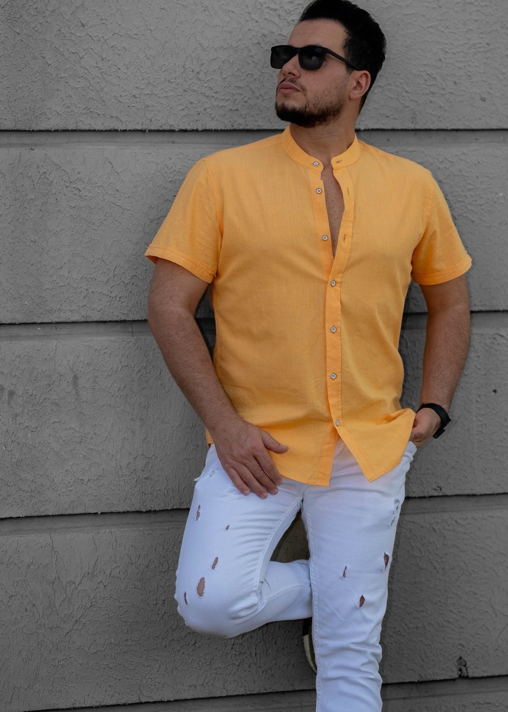 Musztardowa Męska Koszula Ze Stójką Krótki Rękaw Slim Fit Letnia