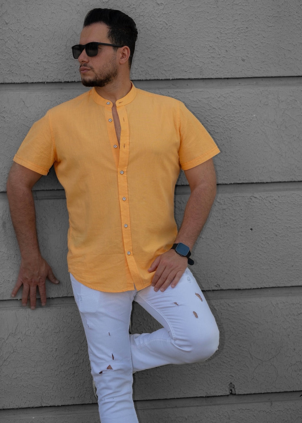 Musztardowa Męska Koszula Ze Stójką Krótki Rękaw Slim Fit Letnia