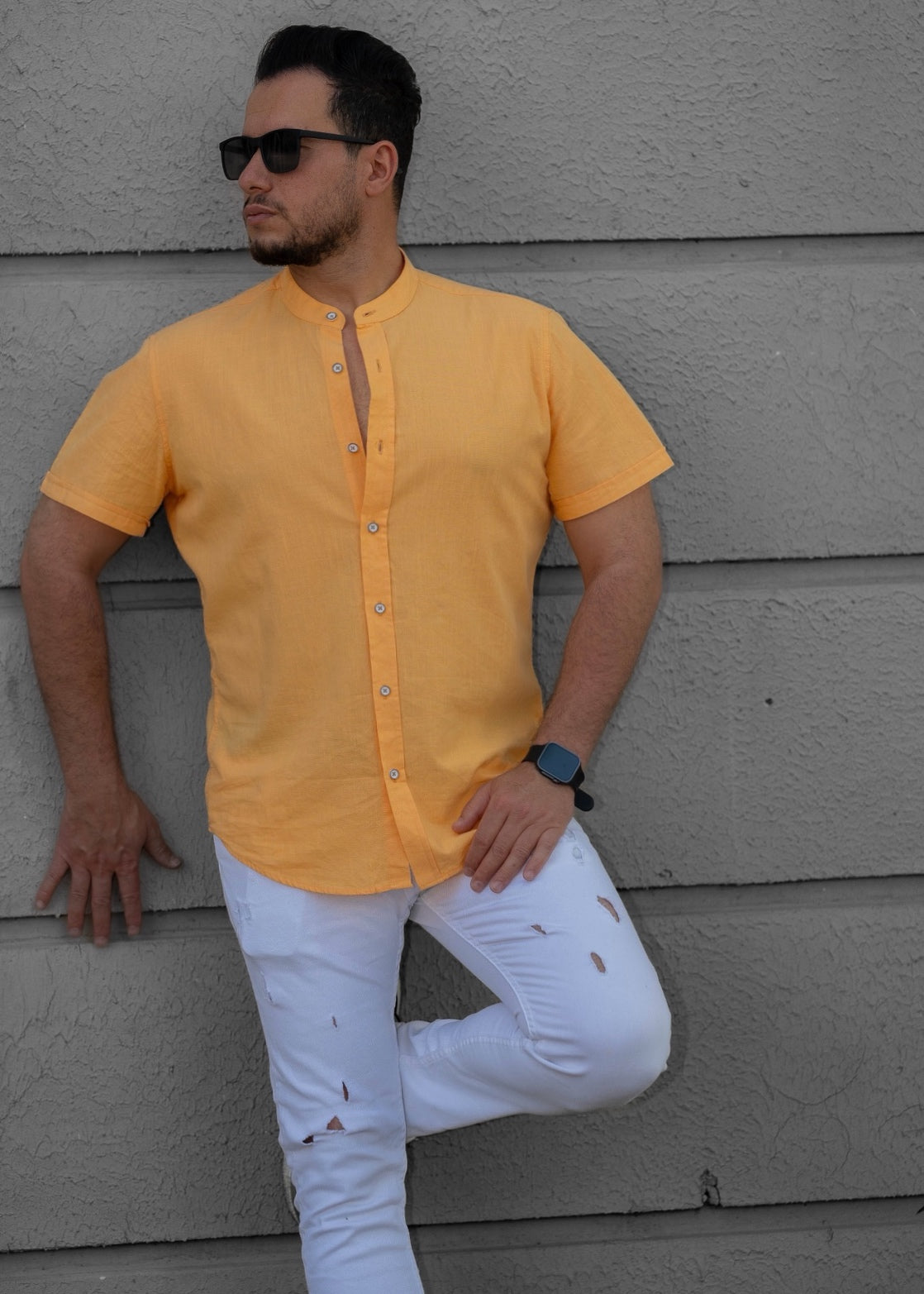 Musztardowa Męska Koszula Ze Stójką Krótki Rękaw Slim Fit Letnia