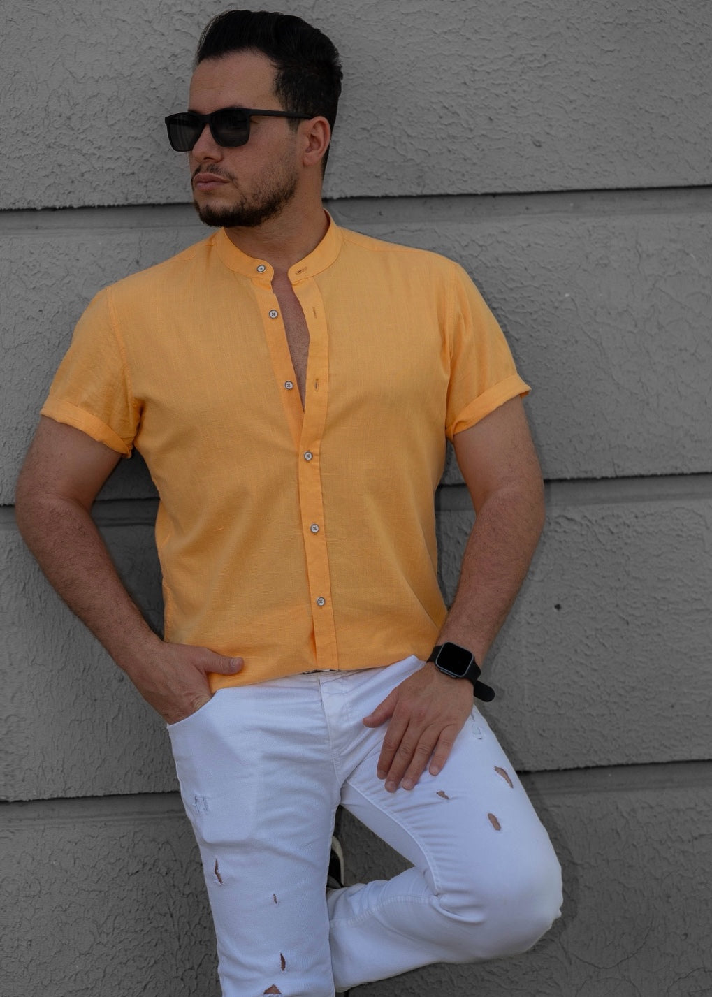 Musztardowa Męska Koszula Ze Stójką Krótki Rękaw Slim Fit Letnia