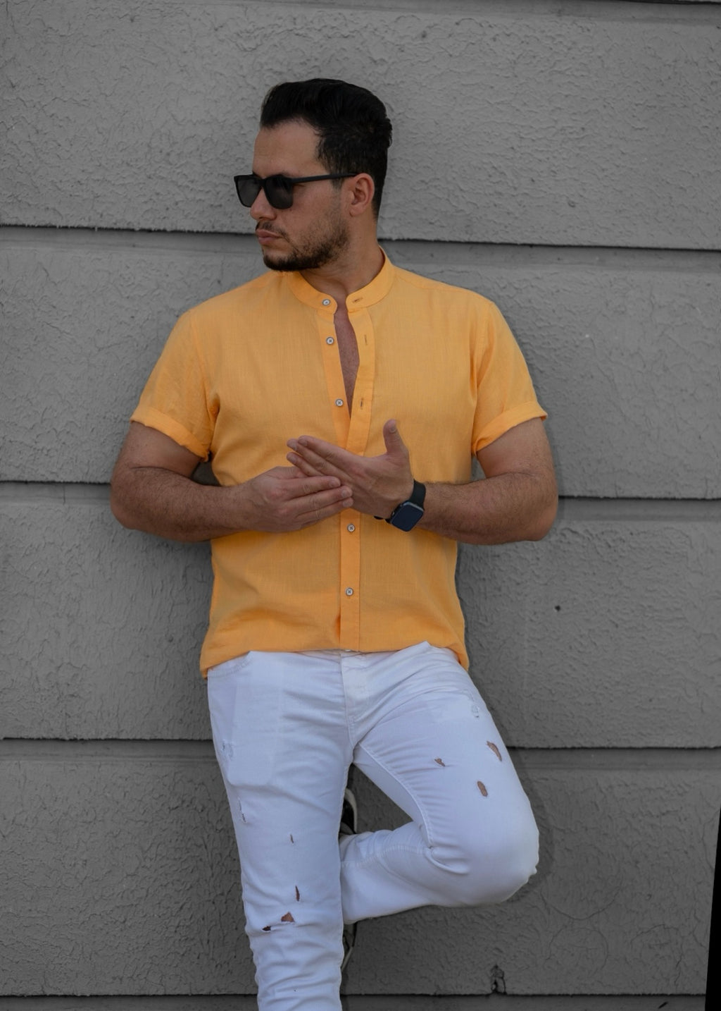 Musztardowa Męska Koszula Ze Stójką Krótki Rękaw Slim Fit Letnia