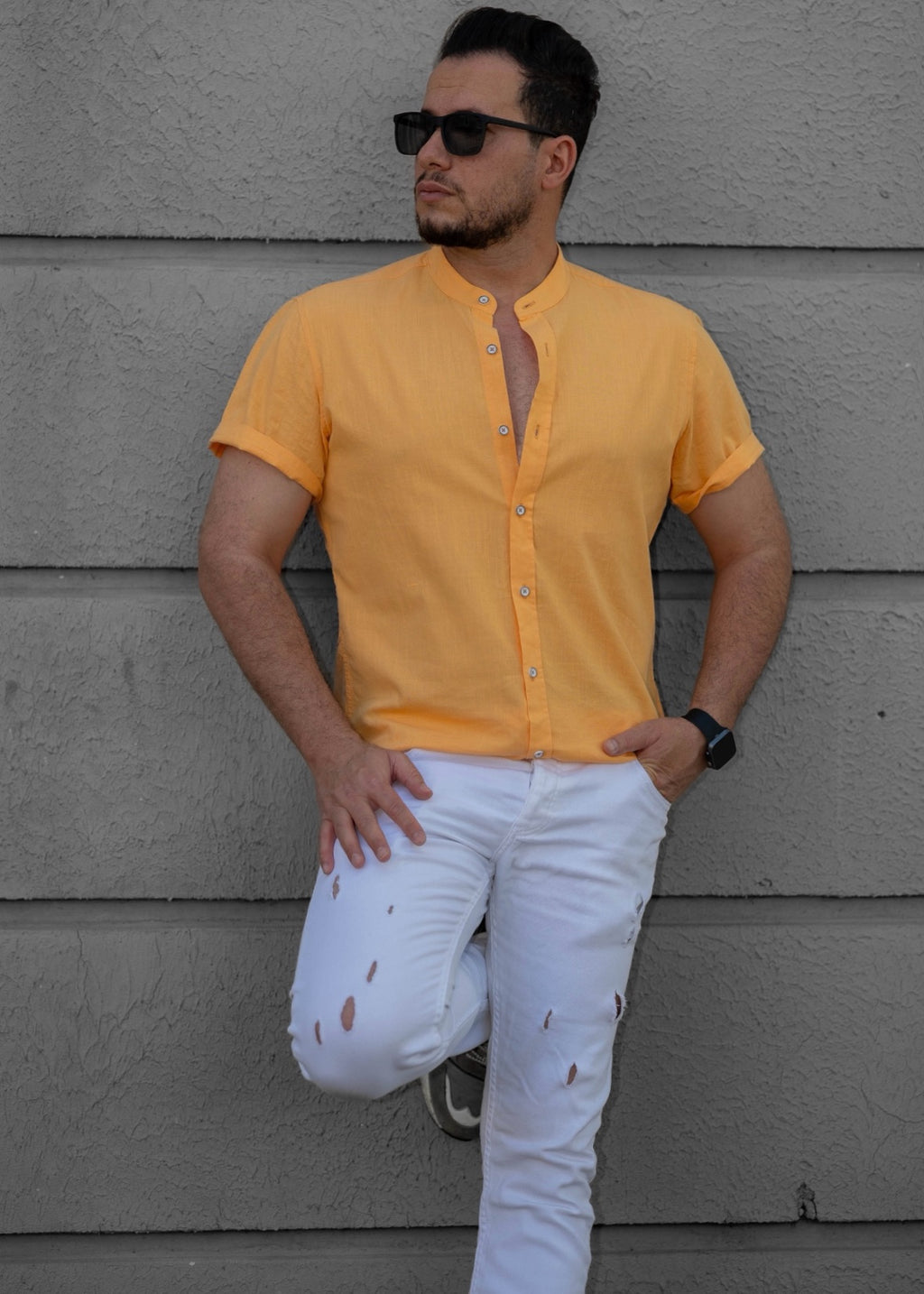 Musztardowa Męska Koszula Ze Stójką Krótki Rękaw Slim Fit Letnia