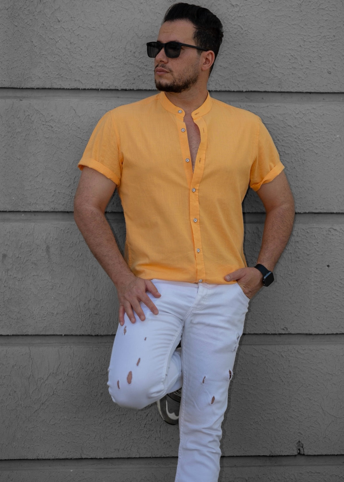 Musztardowa Męska Koszula Ze Stójką Krótki Rękaw Slim Fit Letnia
