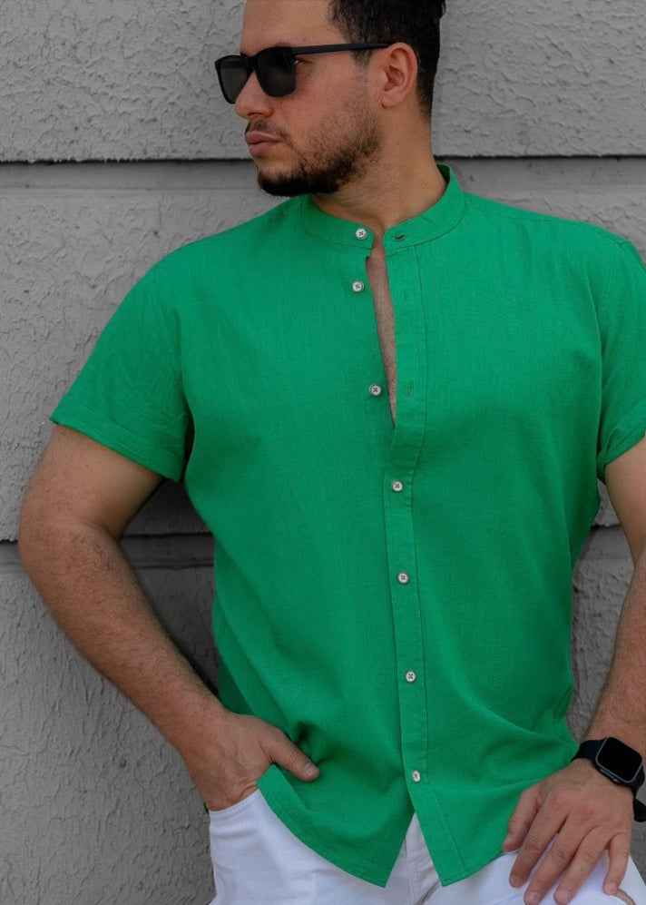 Zielona Męska Koszula Ze Stójką Krótki Rękaw Slim Fit Letnia