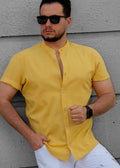 Żółta Męska Koszula Ze Stójką Krótki Rękaw Slim Fit Letnia