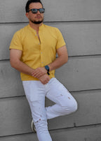 Żółta Męska Koszula Ze Stójką Krótki Rękaw Slim Fit Letnia