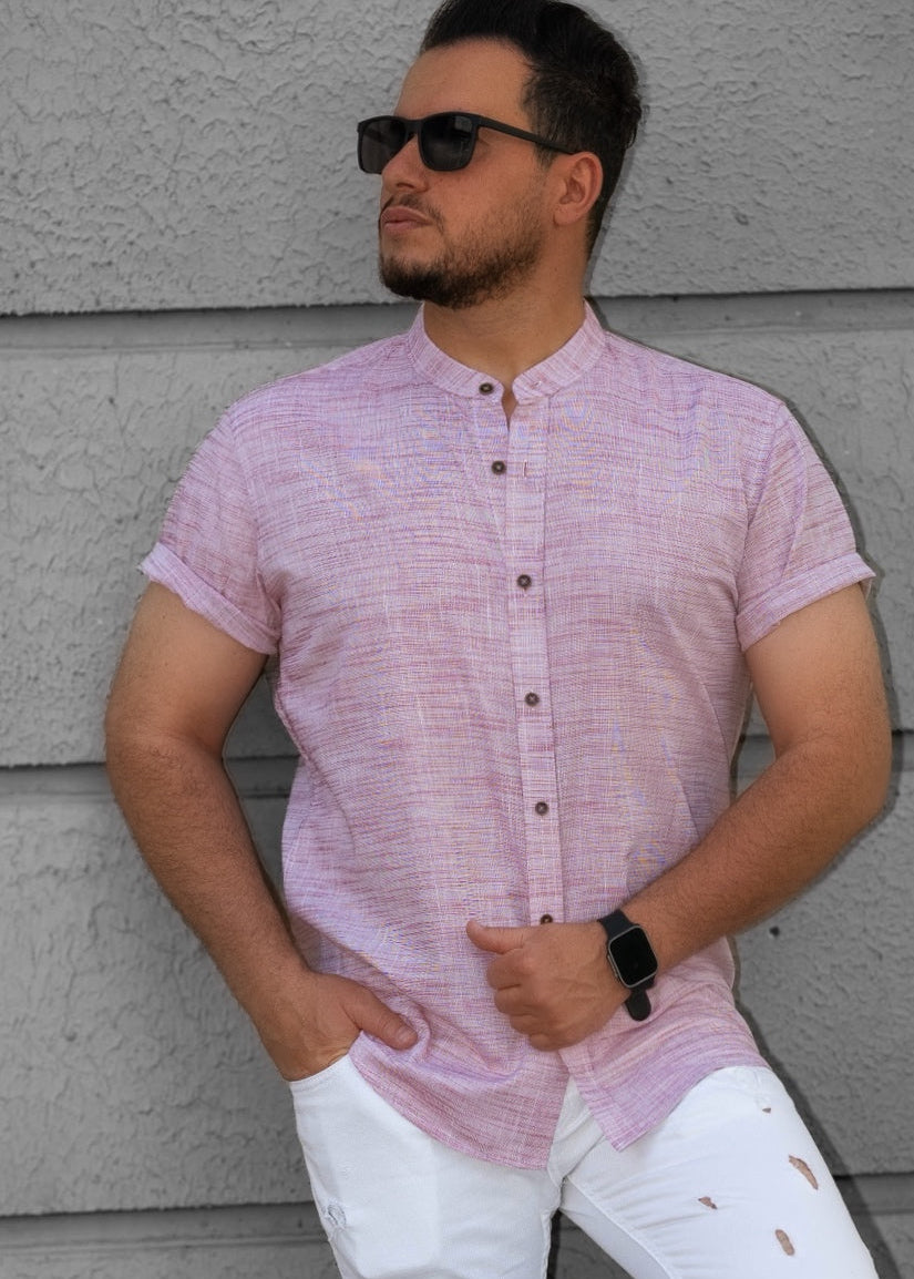Pudrowo Różowa Męska Koszula Ze Stójką Krótki Rękaw Slim Fit Letnia