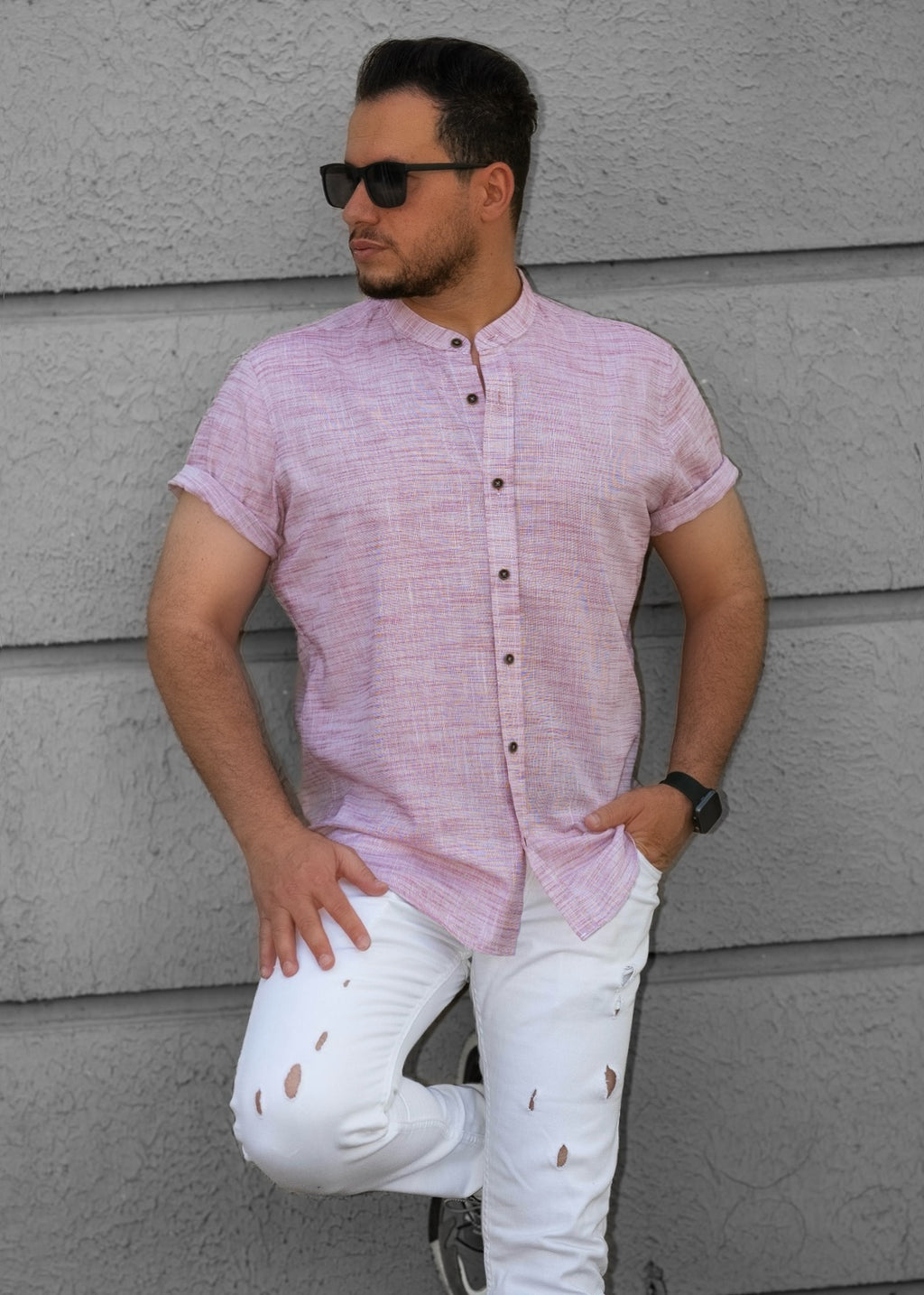Pudrowo Różowa Męska Koszula Ze Stójką Krótki Rękaw Slim Fit Letnia