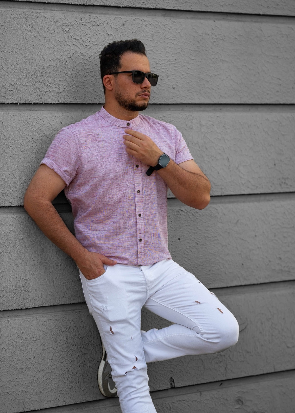 Pudrowo Różowa Męska Koszula Ze Stójką Krótki Rękaw Slim Fit Letnia