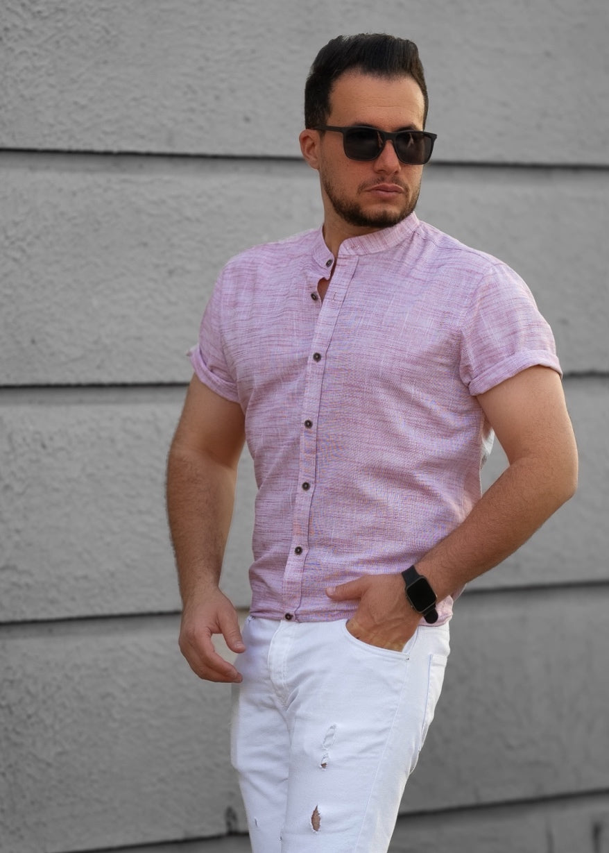Pudrowo Różowa Męska Koszula Ze Stójką Krótki Rękaw Slim Fit Letnia
