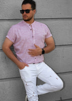 Pudrowo Różowa Męska Koszula Ze Stójką Krótki Rękaw Slim Fit Letnia