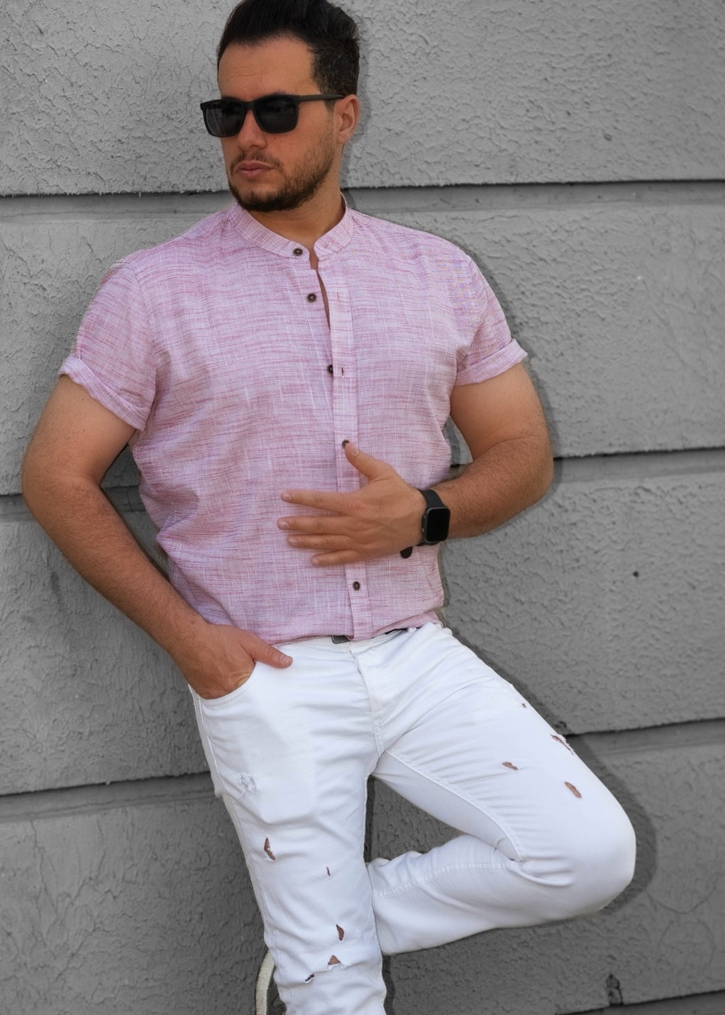 Pudrowo Różowa Męska Koszula Ze Stójką Krótki Rękaw Slim Fit Letnia