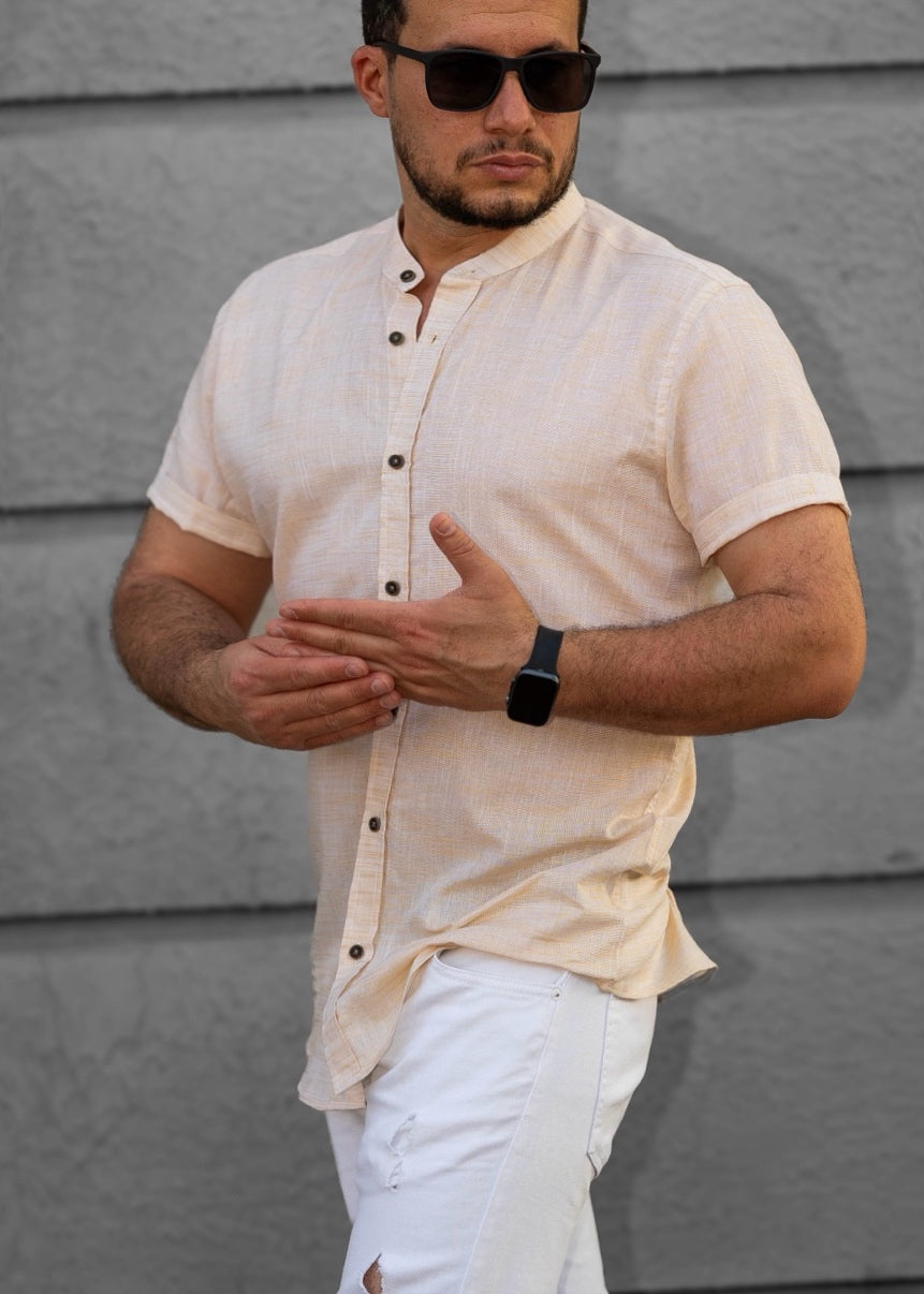 Beżowa Męska Koszula Ze Stójką Krótki Rękaw Slim Fit Letnia Lniany Styl