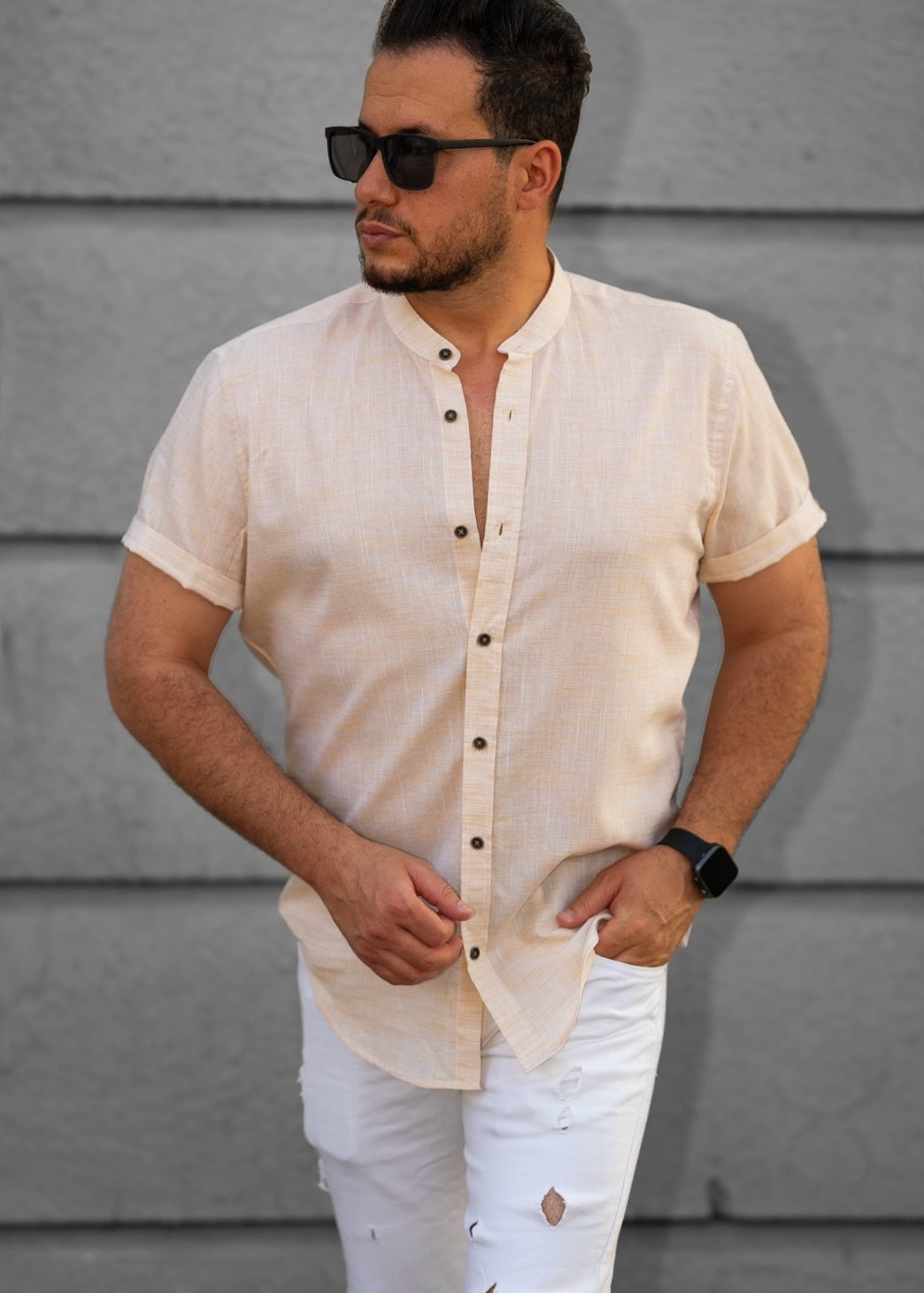 Beżowa Męska Koszula Ze Stójką Krótki Rękaw Slim Fit Letnia Lniany Styl
