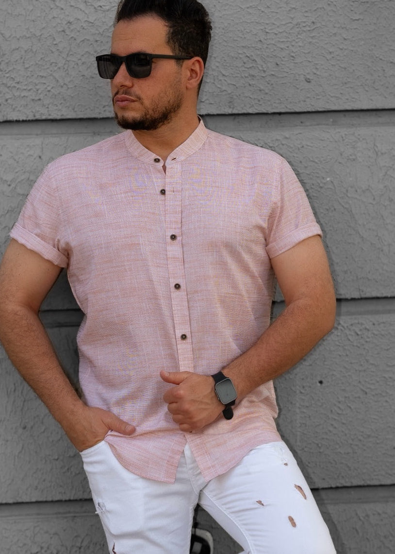 Jasnoróżowa Męska Koszula Ze Stójką Krótki Rękaw Slim Fit Letnia