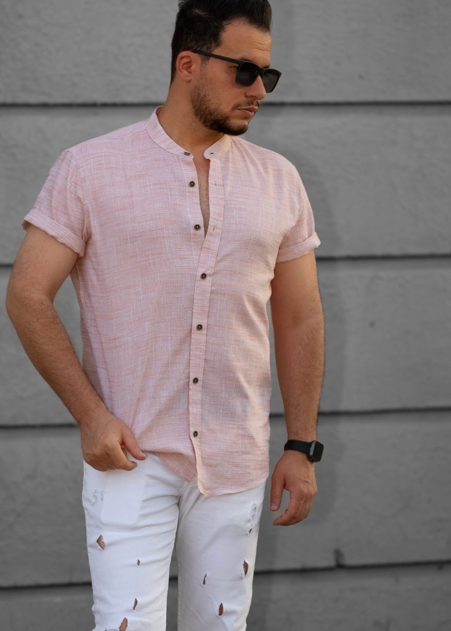 Jasnoróżowa Męska Koszula Ze Stójką Krótki Rękaw Slim Fit Letnia
