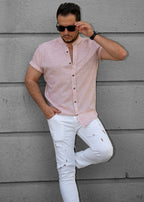 Jasnoróżowa Męska Koszula Ze Stójką Krótki Rękaw Slim Fit Letnia