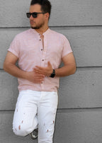 Jasnoróżowa Męska Koszula Ze Stójką Krótki Rękaw Slim Fit Letnia