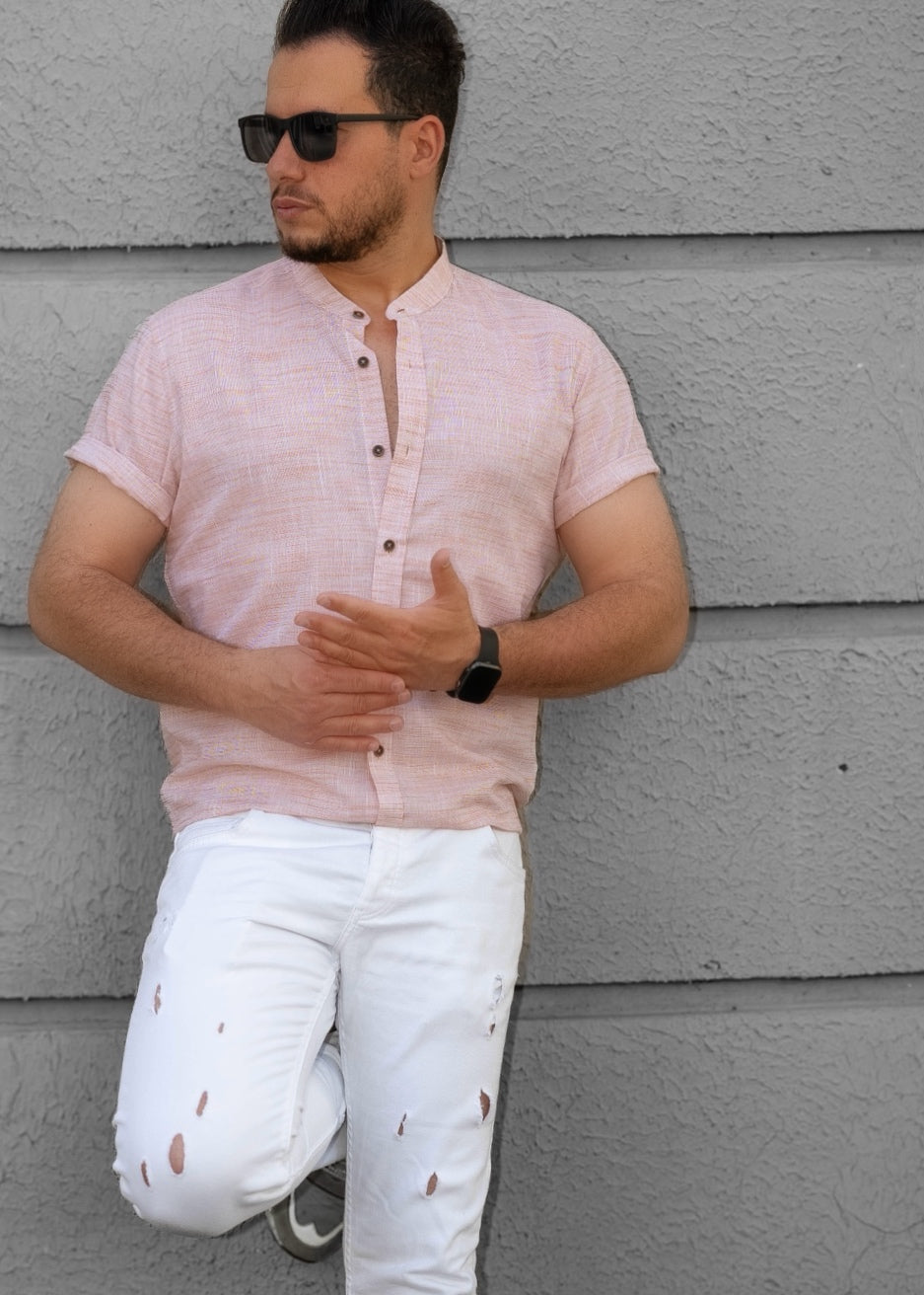 Jasnoróżowa Męska Koszula Ze Stójką Krótki Rękaw Slim Fit Letnia