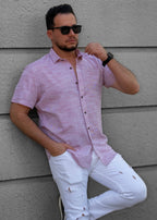 Pudrowo Różowa Męska Koszula Z Klasycznym Kołnierzem Krótki Rękaw Slim Fit Letnia